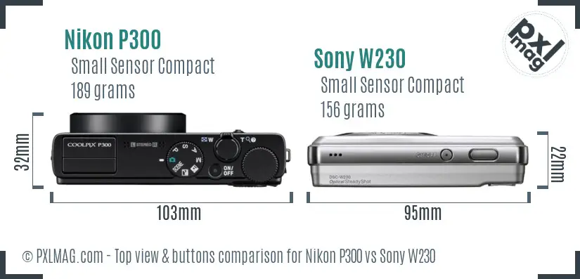 Nikon P300 vs Sony W230 top view buttons comparison