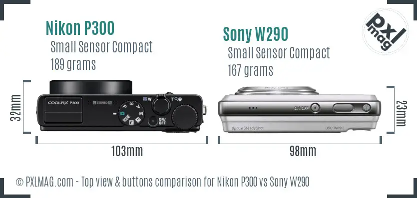 Nikon P300 vs Sony W290 top view buttons comparison Nikon P300 vs Sony W290 top view buttons comparison