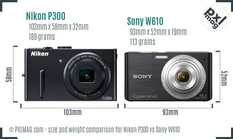 Nikon P300 vs Sony W610 size comparison