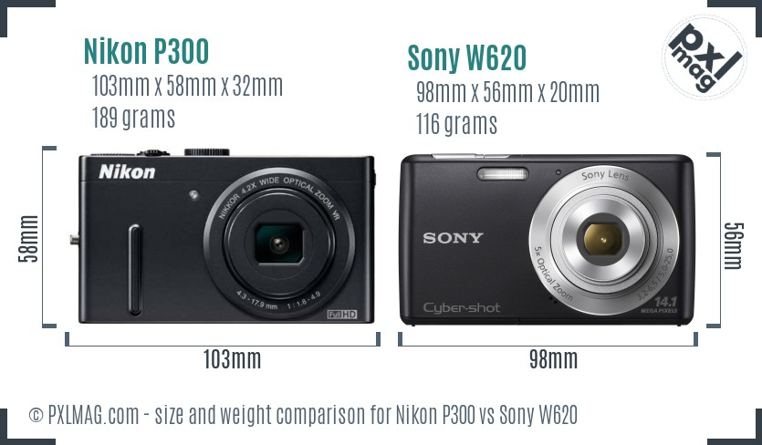 Nikon P300 vs Sony W620 size comparison