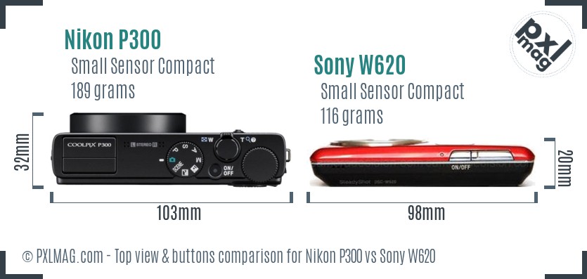Nikon P300 vs Sony W620 top view buttons comparison