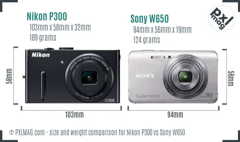 Nikon P300 vs Sony W650 size comparison