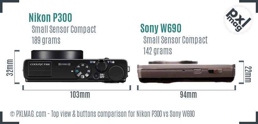 Nikon P300 vs Sony W690 top view buttons comparison
