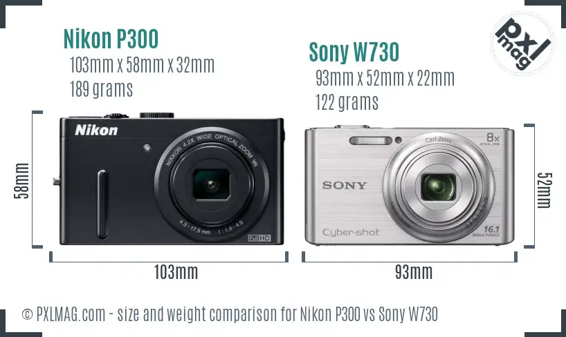 Nikon P300 vs Sony W730 size comparison