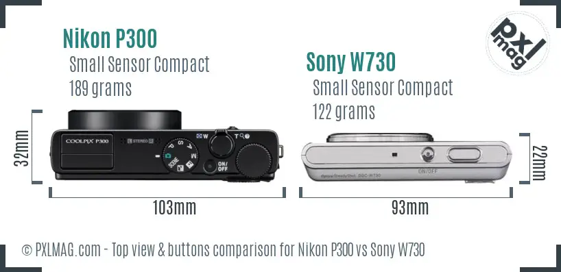 Nikon P300 vs Sony W730 top view buttons comparison