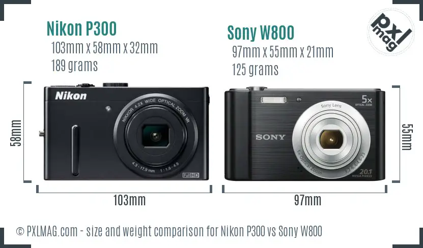 Nikon P300 vs Sony W800 size comparison