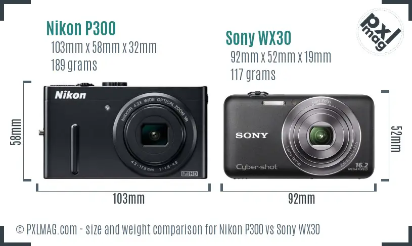 Nikon P300 vs Sony WX30 size comparison