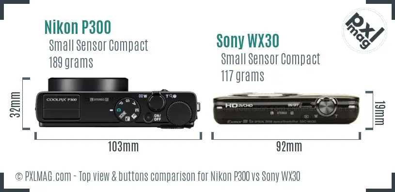 Nikon P300 vs Sony WX30 top view buttons comparison