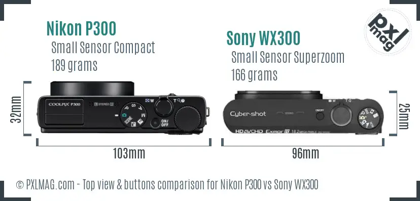 Nikon P300 vs Sony WX300 top view buttons comparison