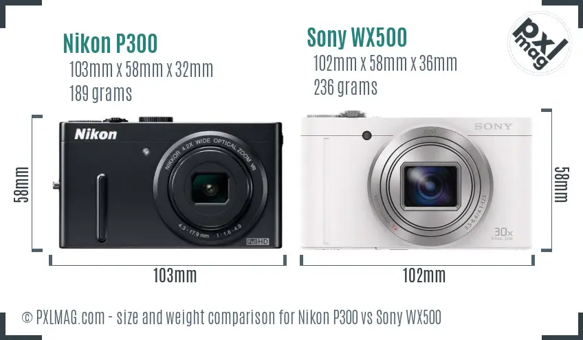 Nikon P300 vs Sony WX500 size comparison