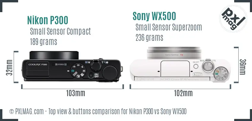 Nikon P300 vs Sony WX500 top view buttons comparison