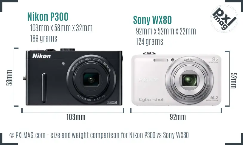Nikon P300 vs Sony WX80 size comparison