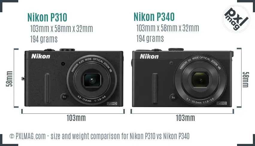 Nikon P310 vs Nikon P340 size comparison