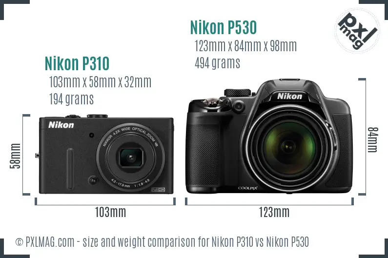 Nikon P310 vs Nikon P530 size comparison