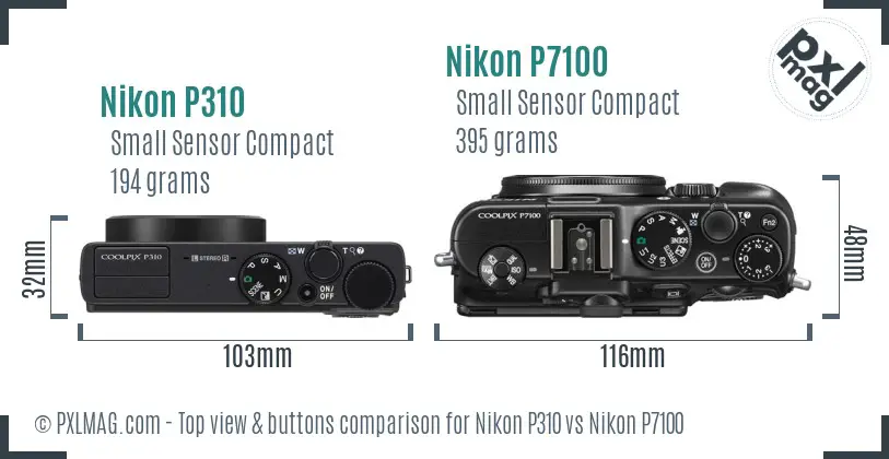 Nikon P310 vs Nikon P7100 top view buttons comparison
