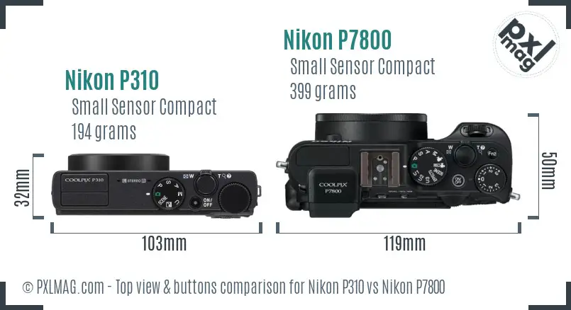 Nikon P310 vs Nikon P7800 top view buttons comparison