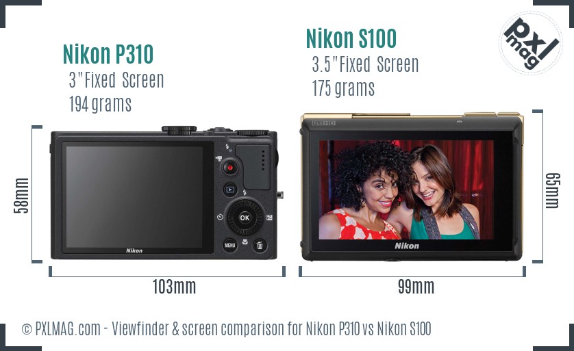 Nikon P310 vs Nikon S100 Screen and Viewfinder comparison