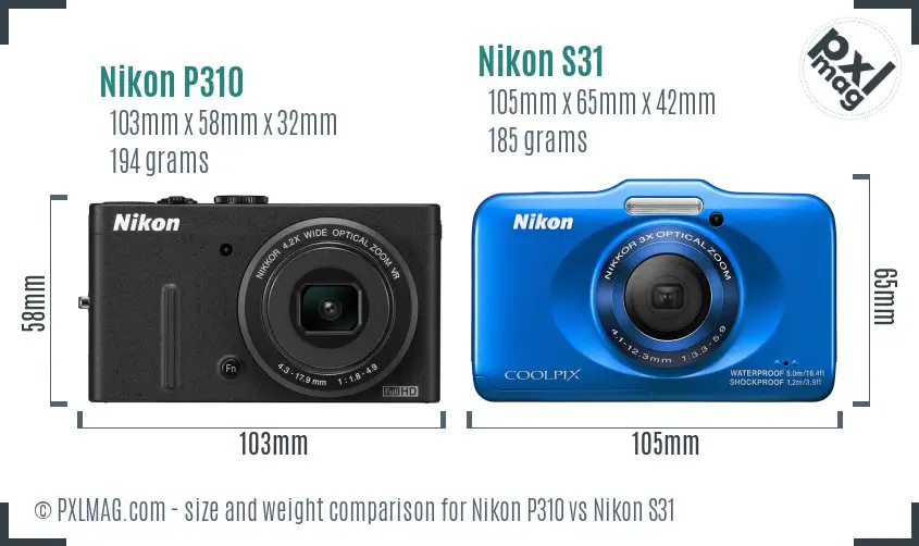 Nikon P310 vs Nikon S31 size comparison