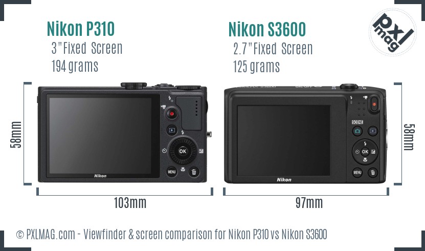 Nikon P310 vs Nikon S3600 Screen and Viewfinder comparison