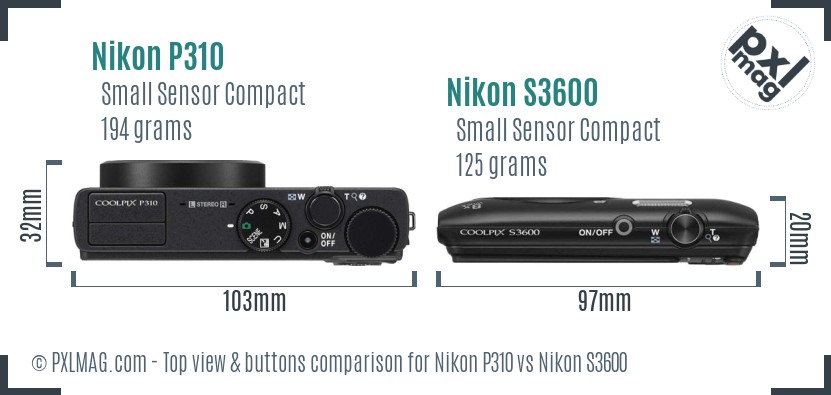 Nikon P310 vs Nikon S3600 top view buttons comparison