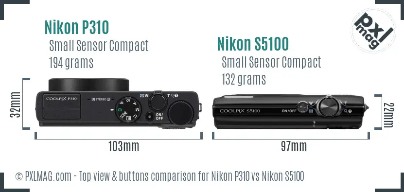 Nikon P310 vs Nikon S5100 top view buttons comparison