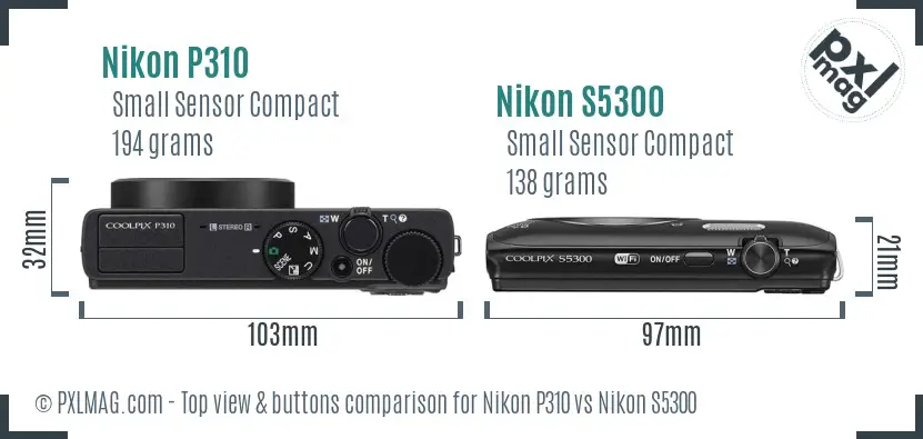 Nikon P310 vs Nikon S5300 top view buttons comparison Nikon P310 vs Nikon S5300 top view buttons comparison