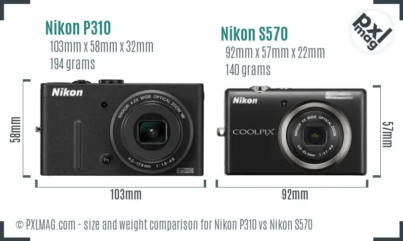 Nikon P310 vs Nikon S570 size comparison