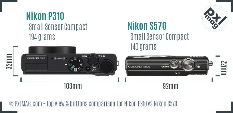 Nikon P310 vs Nikon S570 top view buttons comparison