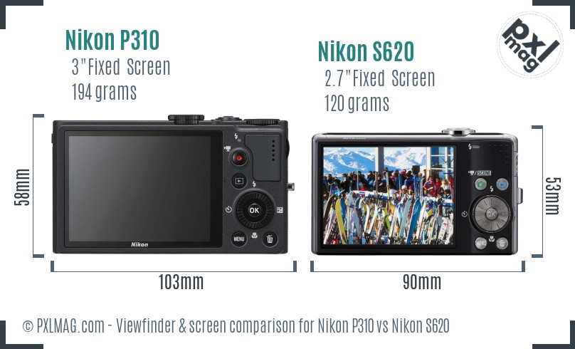 Nikon P310 vs Nikon S620 Screen and Viewfinder comparison