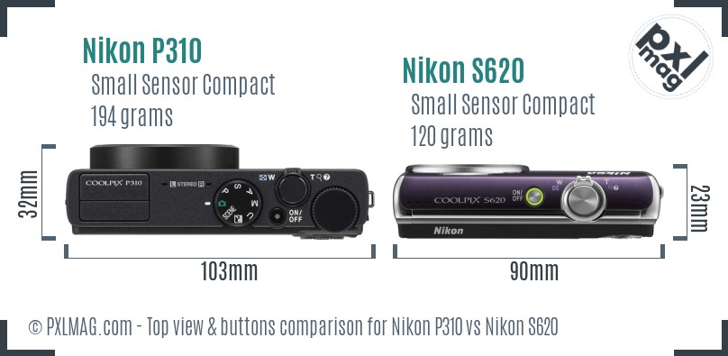 Nikon P310 vs Nikon S620 top view buttons comparison