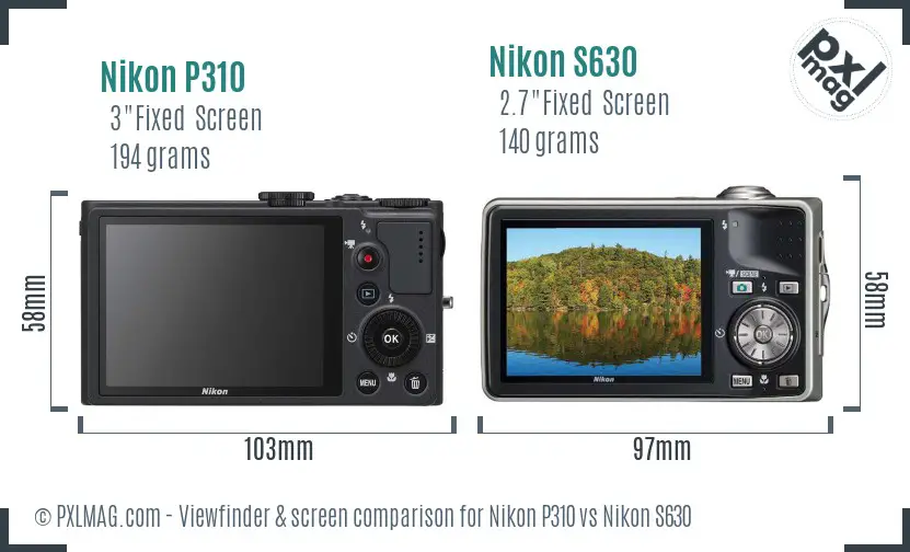 Nikon P310 vs Nikon S630 Screen and Viewfinder comparison