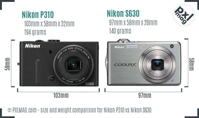 Nikon P310 vs Nikon S630 size comparison