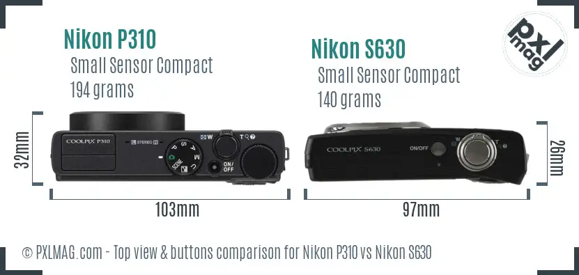 Nikon P310 vs Nikon S630 top view buttons comparison