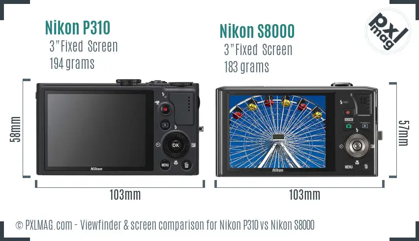 Nikon P310 vs Nikon S8000 Screen and Viewfinder comparison