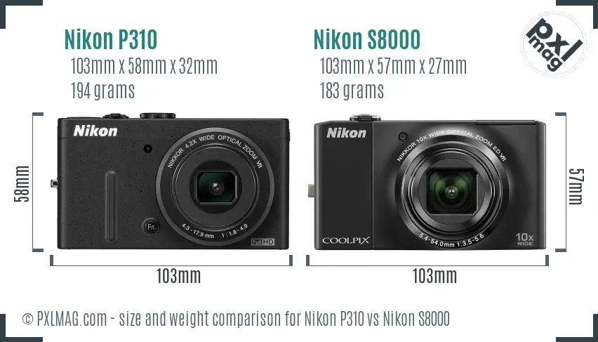 Nikon P310 vs Nikon S8000 size comparison