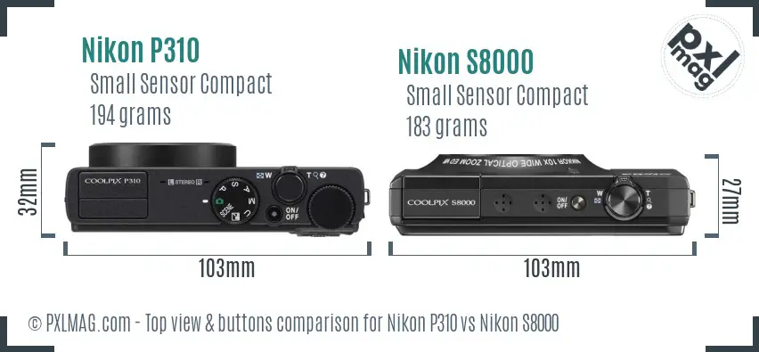 Nikon P310 vs Nikon S8000 top view buttons comparison