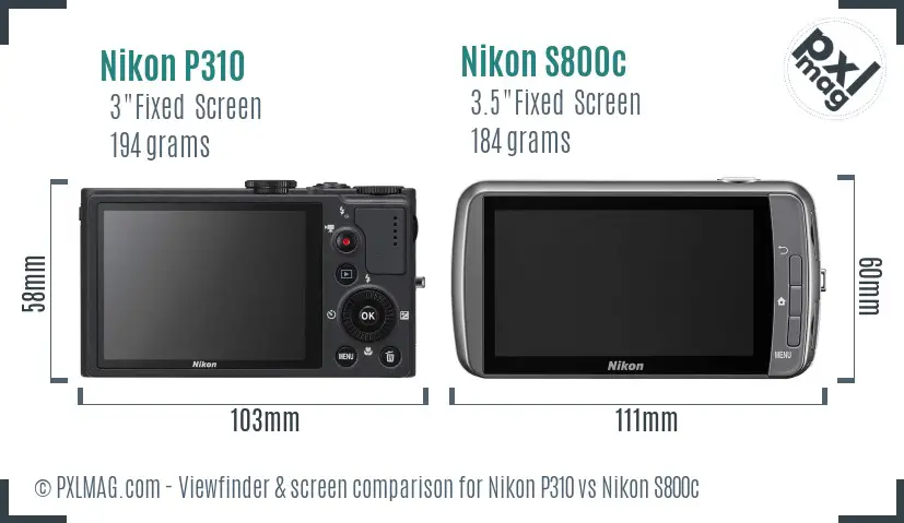 Nikon P310 vs Nikon S800c Screen and Viewfinder comparison