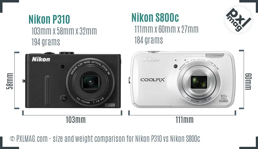 Nikon P310 vs Nikon S800c size comparison