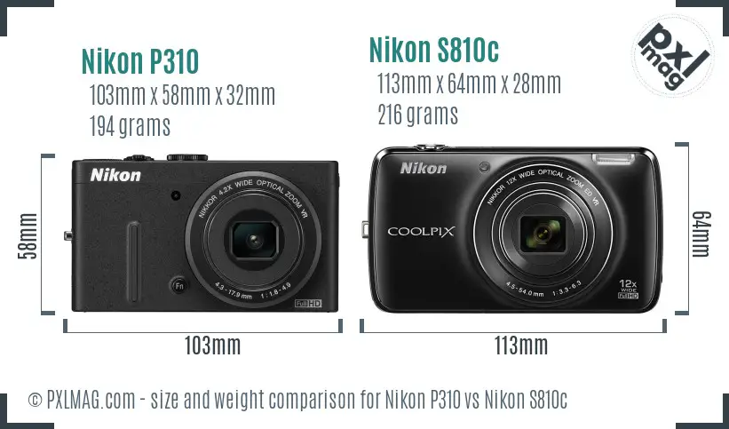 Nikon P310 vs Nikon S810c size comparison