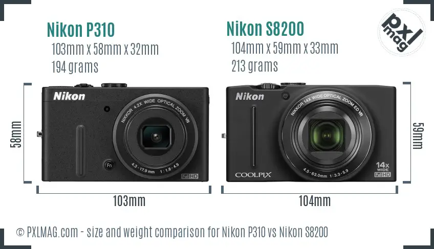 Nikon P310 vs Nikon S8200 size comparison