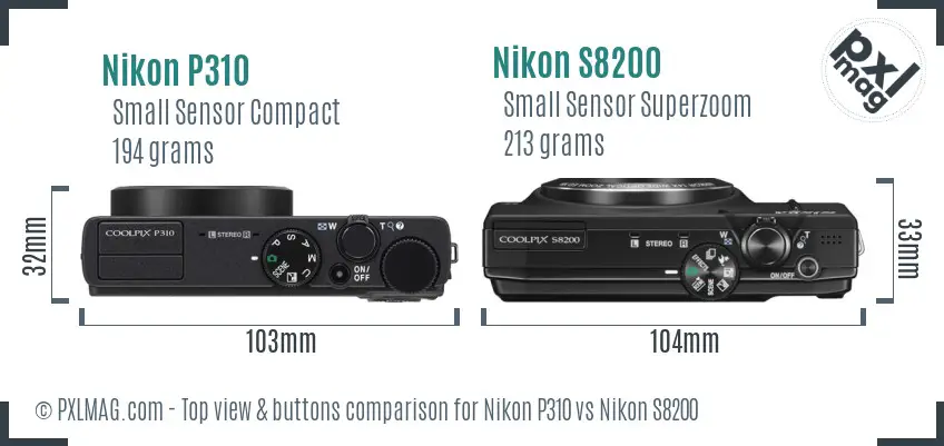 Nikon P310 vs Nikon S8200 top view buttons comparison