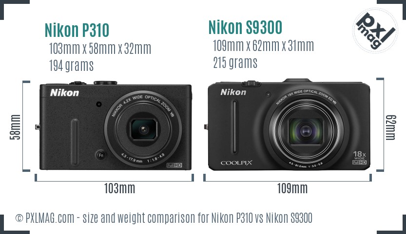 Nikon P310 vs Nikon S9300 size comparison