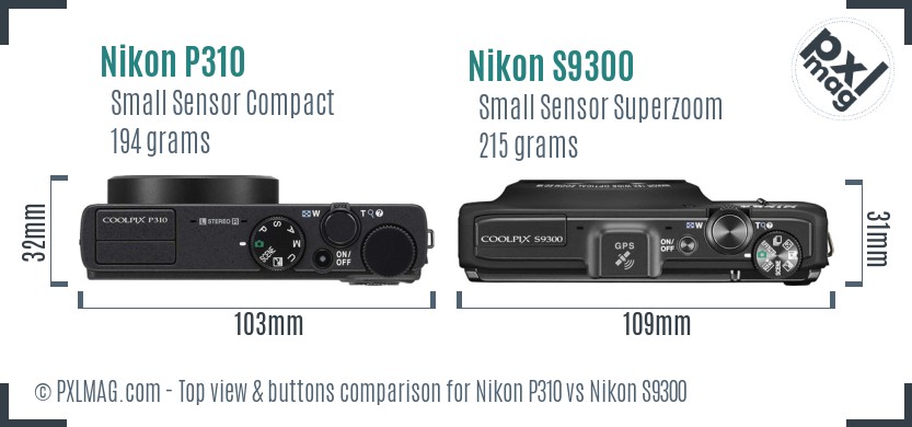 Nikon P310 vs Nikon S9300 top view buttons comparison