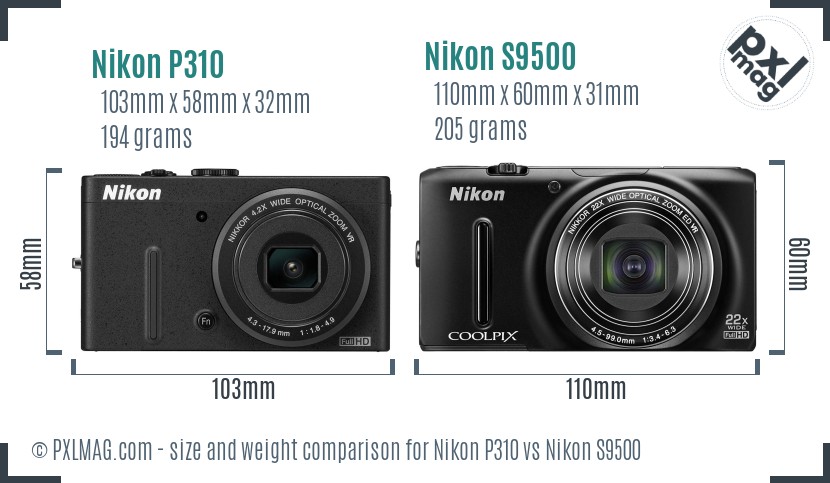 Nikon P310 vs Nikon S9500 size comparison