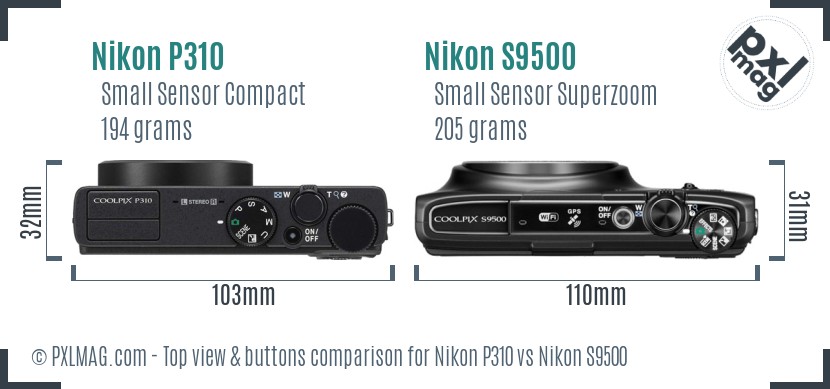Nikon P310 vs Nikon S9500 top view buttons comparison