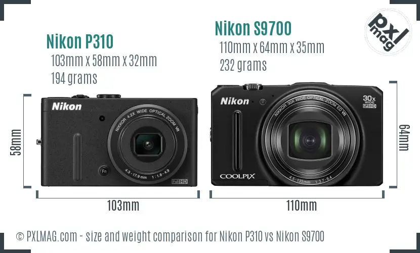 Nikon P310 vs Nikon S9700 size comparison
