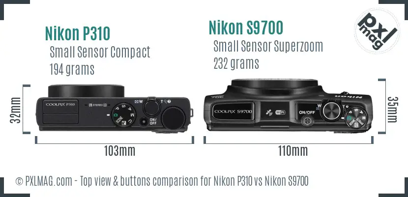 Nikon P310 vs Nikon S9700 top view buttons comparison