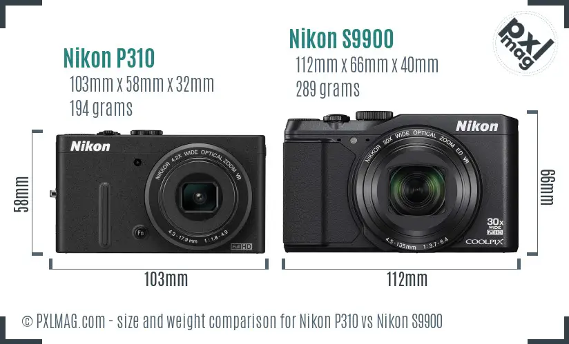 Nikon P310 vs Nikon S9900 size comparison