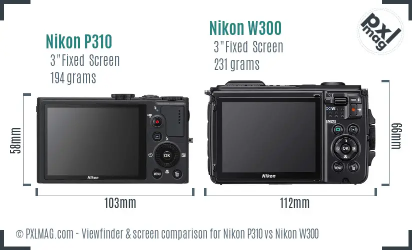 Nikon P310 vs Nikon W300 Screen and Viewfinder comparison