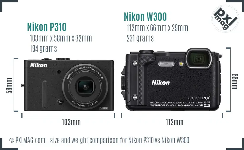 Nikon P310 vs Nikon W300 size comparison